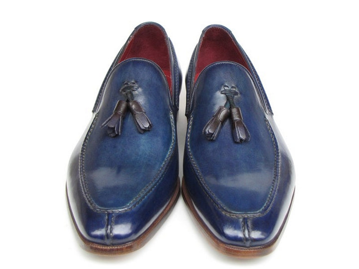 Paul Parkman Men's Tassel Loafer Blue Hand Painted Leather Shoes (Id#083)