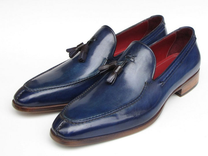 Paul Parkman Men's Tassel Loafer Blue Hand Painted Leather Shoes (Id#083)