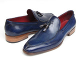 Paul Parkman Men's Tassel Loafer Blue Hand Painted Leather Shoes (Id#083) Size 9-9.5 D(M) US