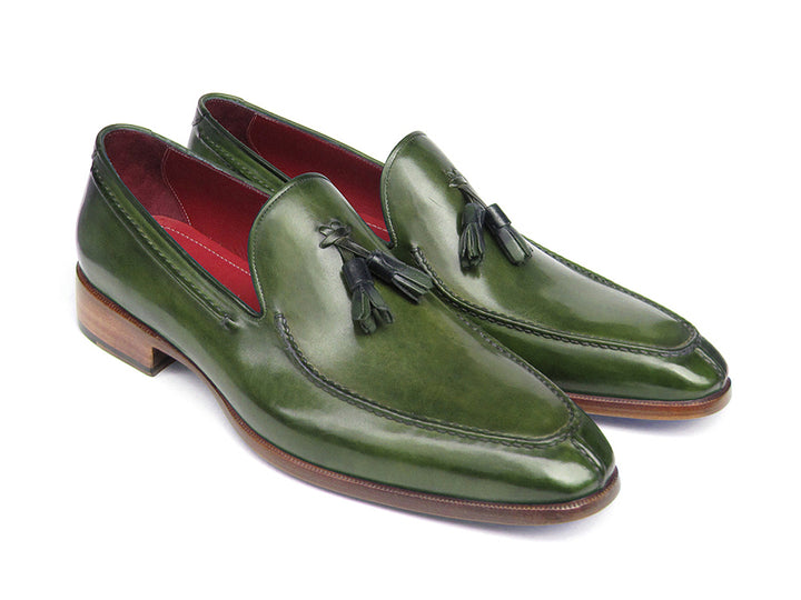 Paul Parkman Men's Tassel Loafer Green Hand Painted Leather Shoes (Id#083)