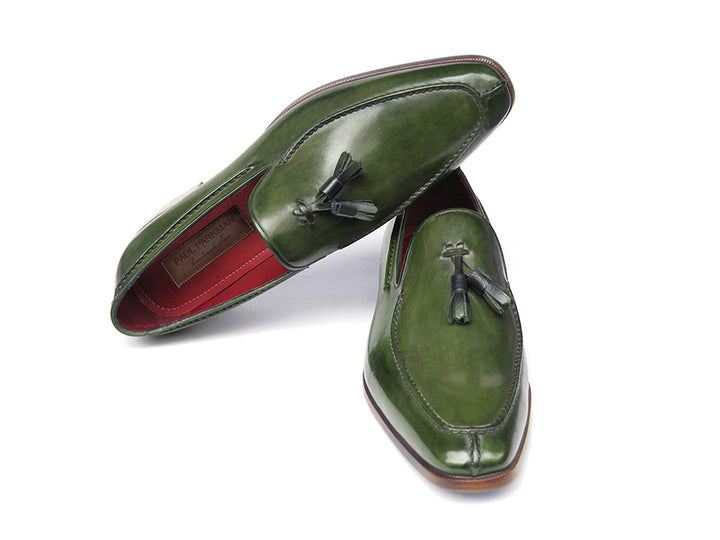 Paul Parkman Men's Tassel Loafer Green Hand Painted Leather Shoes (Id#083) Size 6.5-7 D(M) Us