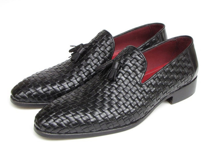 Paul Parkman Men's Tassel Loafer Black Woven Leather Shoes (Id#085) Size 8-8.5 D(M) US