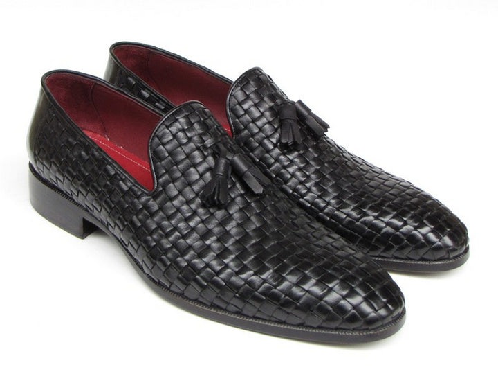 Paul Parkman Men's Tassel Loafer Black Woven Leather Shoes (Id#085) Size 10.5-11 D(M) US