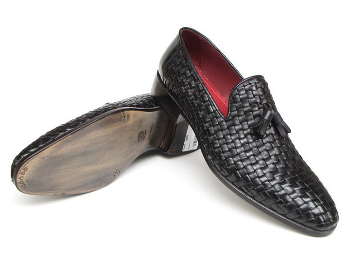 Paul Parkman Men's Tassel Loafer Black Woven Leather Shoes (Id#085) Size 9-9.5 D(M) US