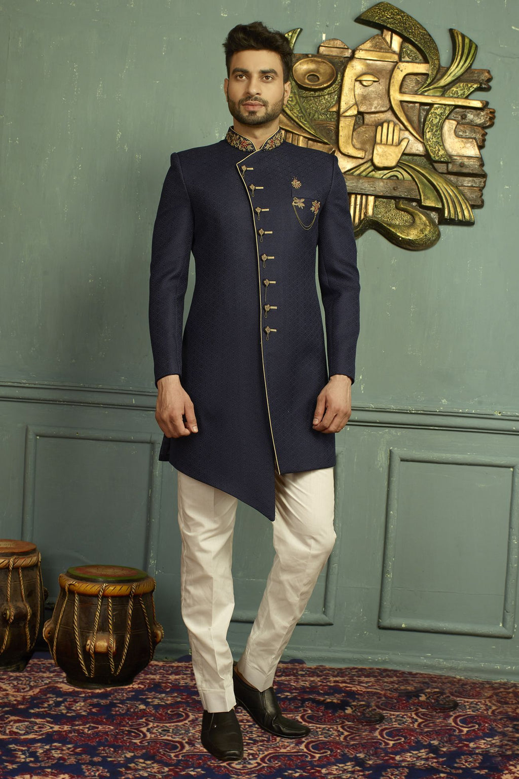 Asymmetrical Navy Indian Wedding Indo-Western Sherwani for Men
