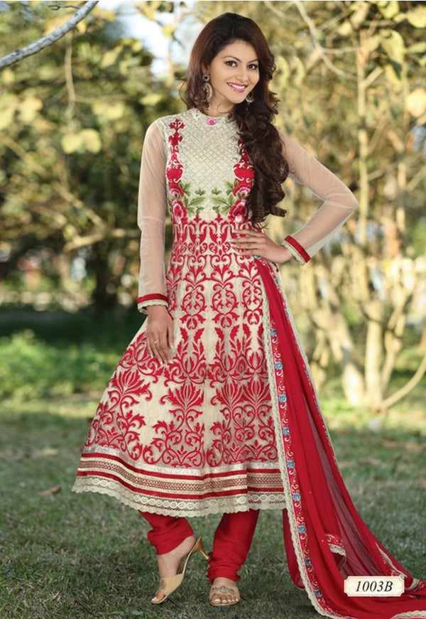 Cream Net and Faux Georgette Anarkali Churidar Kameez (D. No. 1003-B)
