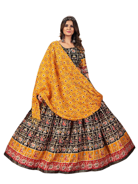 Navratri Special Printed Black Lehenga Choli with Orange Dupatta- NN-1004