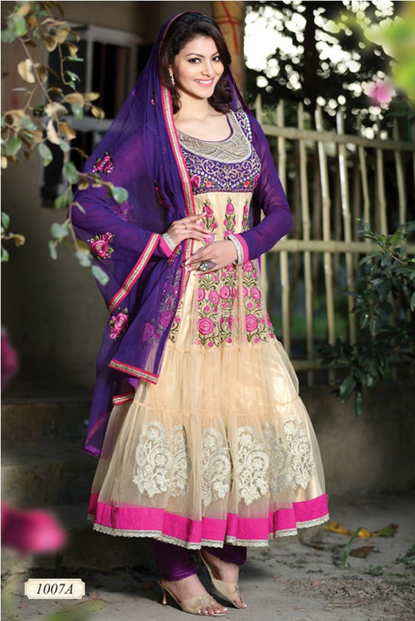 Brilliant Beige and Deep Purple Anarkali Churidar Kameez (D. No. 1007-A)