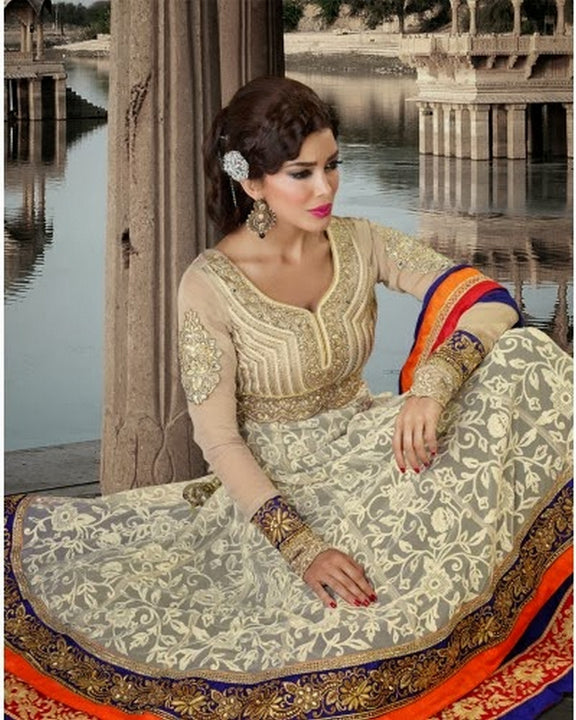 Gorgeous Beige and Orange Long Anrakali  (D. No. 101)