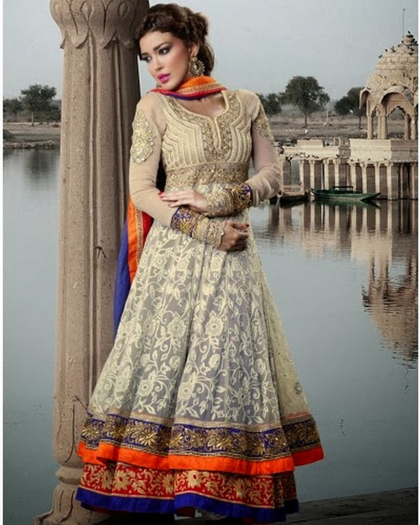 Gorgeous Beige and Orange Long Anrakali  (D. No. 101)