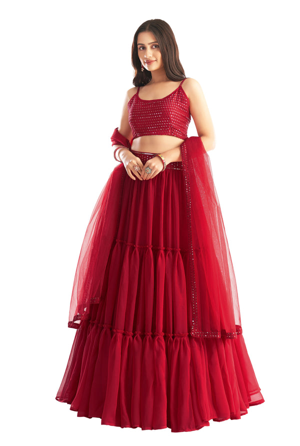 Red Fancy Sequence Georgette Lehenga Set With Soft Net Dupatta ENGG-1060B