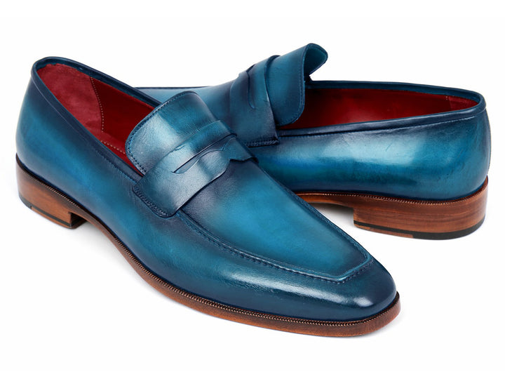 Paul Parkman Men's Penny Loafer Blue & Turquoise Calfskin Shoes (ID#10TQ84) Size 9-9.5 D(M) US