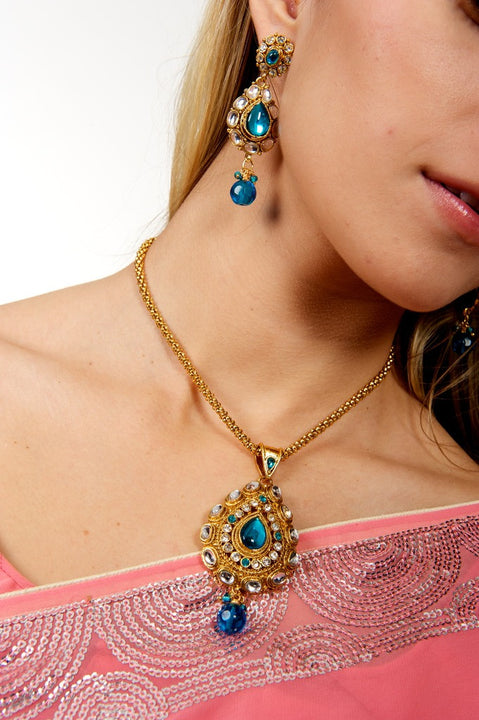 Blue Kundan Necklace and Earrings Set