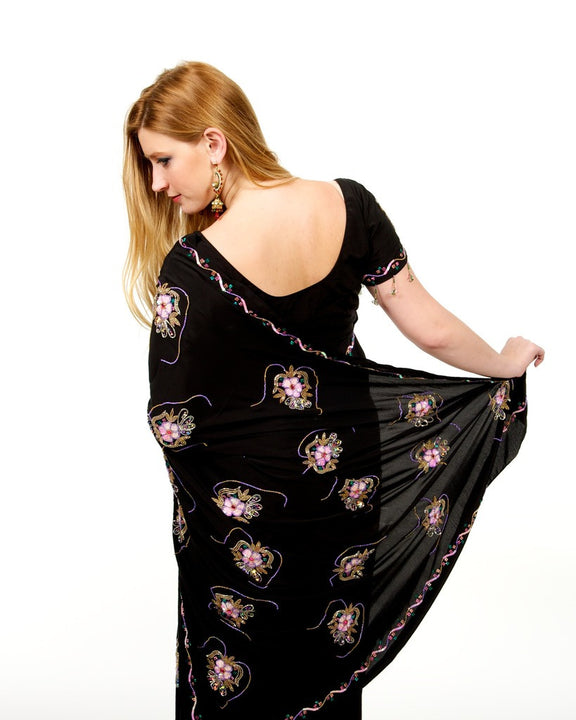 Black Silk Embroidered Sari