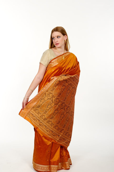 Forest Fire Orange Pure Silk Banarasi Sari