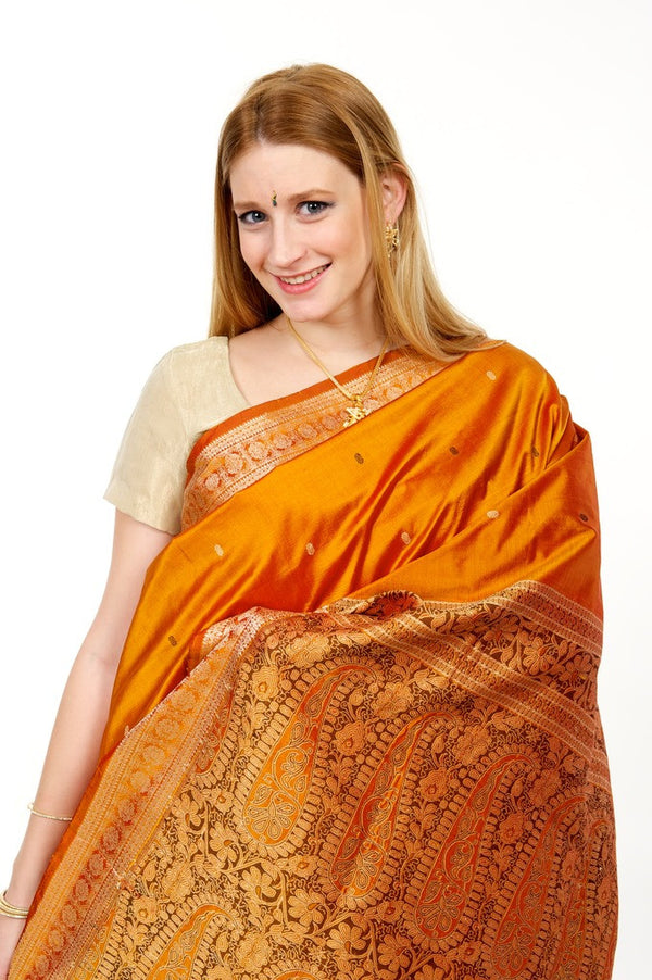 Forest Fire Orange Pure Silk Banarasi Sari