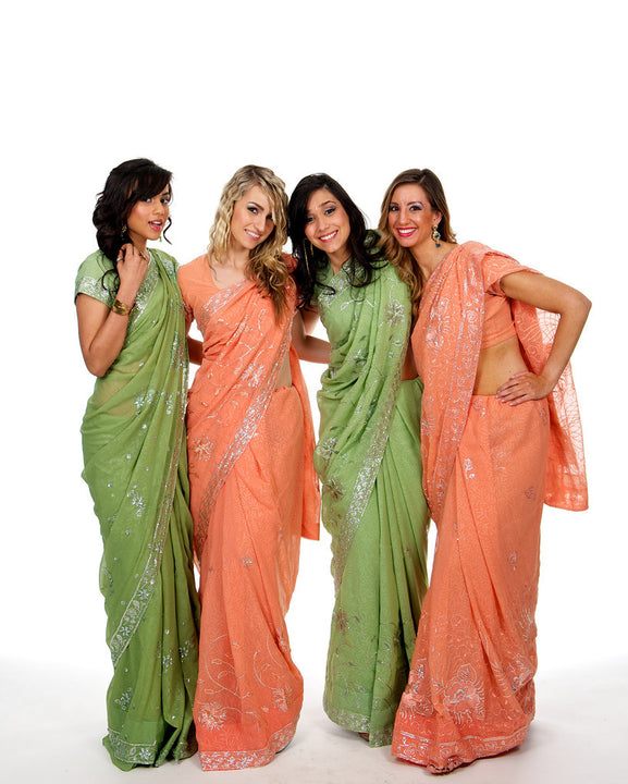 Peach and Pista Color Coordinated Bridesmaid Saris