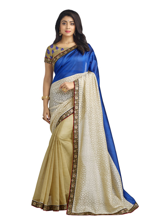 Blue silk Brasso - Organza stripe  Silk Saree