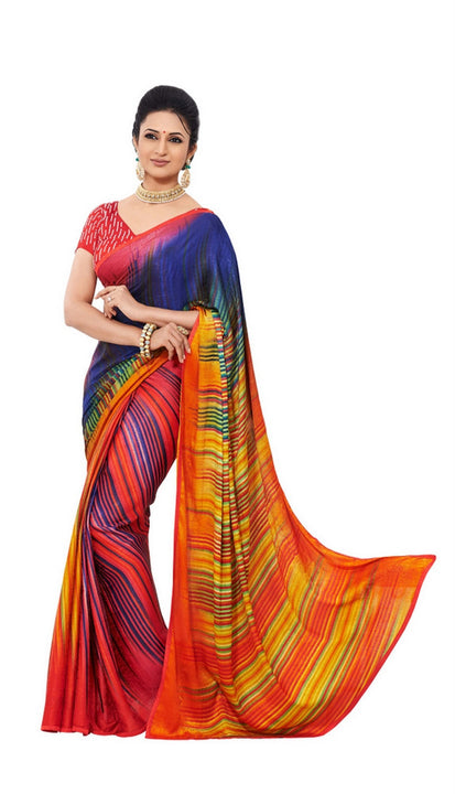 Beautiful Multi-Colored Graphic Print Exclusive Designer Satin Saree D-115