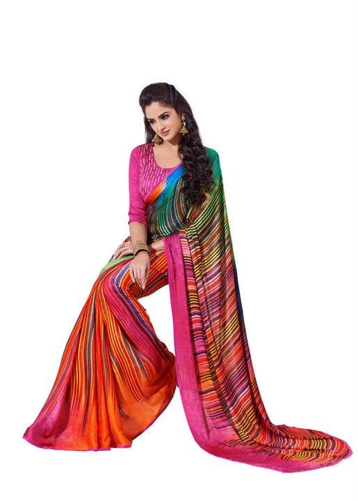 Shaded Multi-Colored Graphic Print Designer Satin Saree D-116