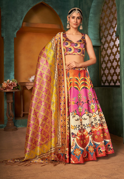 Brightly Graceful Multicolor Printed Designer Lehenga Choli With Stunning Dupatta SNT-80002