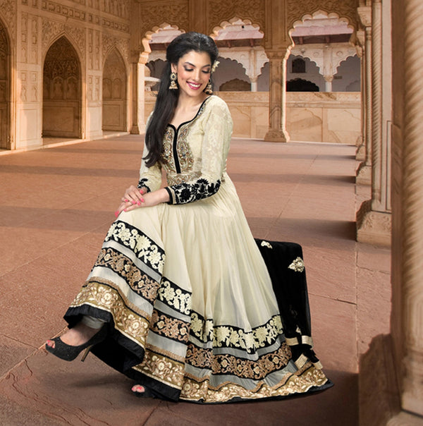 Cream Embroidered Long Anarkali Salwar Kameez (D. No. 1523-A)