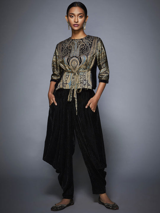 Grey & Black Jamawar Print Top With Dhoti Pant - Complete Look