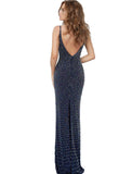 Jovani Navy Plunging Neckline Beaded Evening Dress