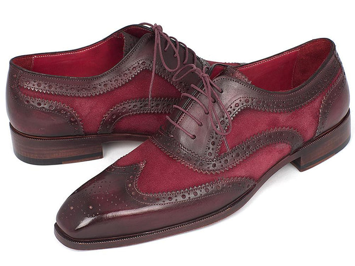 Paul Parkman Suede & Calfskin Men's Wingtip Oxfords Bordeaux Shoes (ID#228BRDSD)
