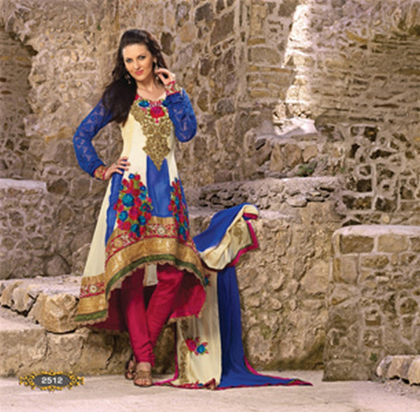 Cream Royal Blue Georgette Shimmer Anarkali Salwar Kameez (D. No. 2512)