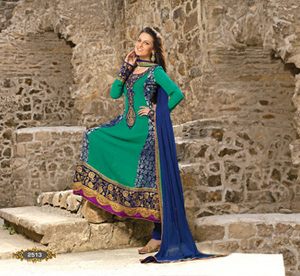 Blue and Green Neck Embroidered Anarkali Salwar Kameez (D. No. 2513)