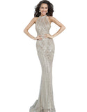 Jovani Champagne High Neck Beaded Evening Dress