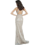 Jovani Champagne High Neck Beaded Evening Dress