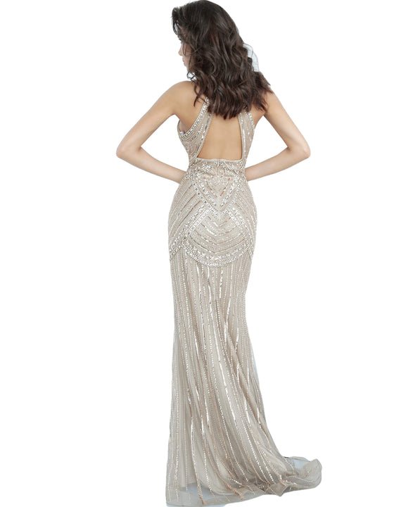 Jovani Champagne High Neck Beaded Evening Dress