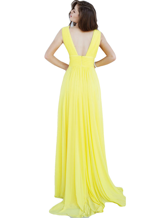 Jovani Yellow Chiffon V Back Prom Dress