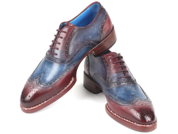 Paul Parkman Goodyear Welted Two Tone Wingtip Oxfords Blue & Bordeaux Shoes(ID#27LD77) Size 8-8.5 D(M) US