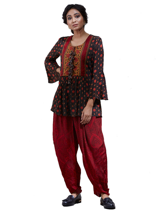 Ritu Kumar Brick Red Brown Peplum Kurti With Dhoti Saris and