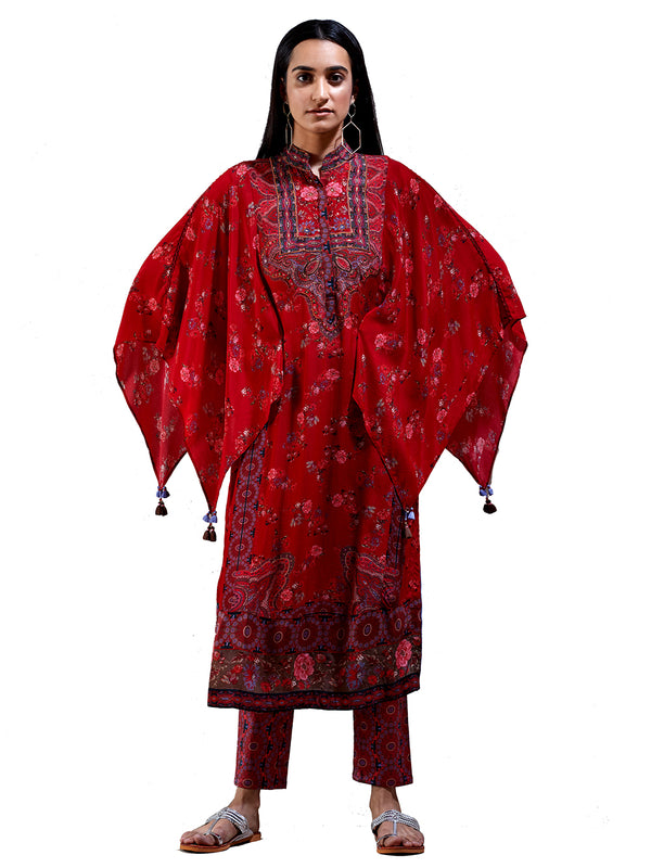 Ritu Kumar Cherry Red Floral Print Suit Set