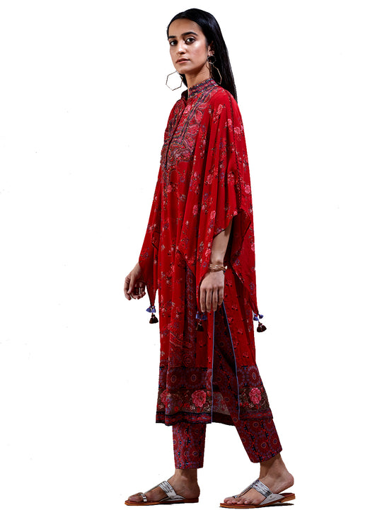 Ritu Kumar Cherry Red Floral Print Suit Set