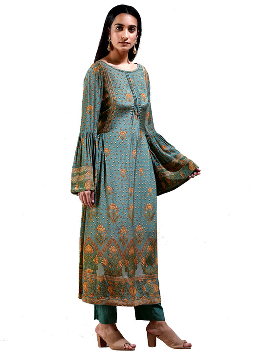 Ritu Kumar Sea Green & Beige Printed Kurti (Salwar Kameez) with Pant