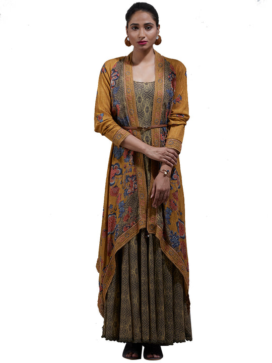 Ritu Kumar Green Floral Dress With Jacket Saris and Things Ritu Kumar Green Floral Dress With Jacket Saris and Things