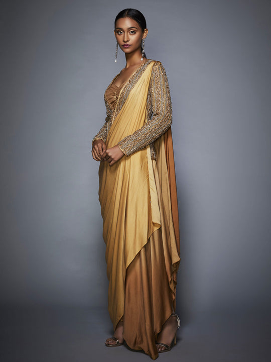 Heavily Embroidered  Gold High-Low Draped Saree-Front Side