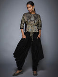 Grey & Black Jamawar Print Top With Dhoti pant -Front Look