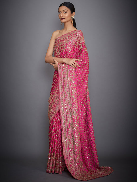Fuchsia Embroidered Paisley Saree with unstiched blouse-Side
