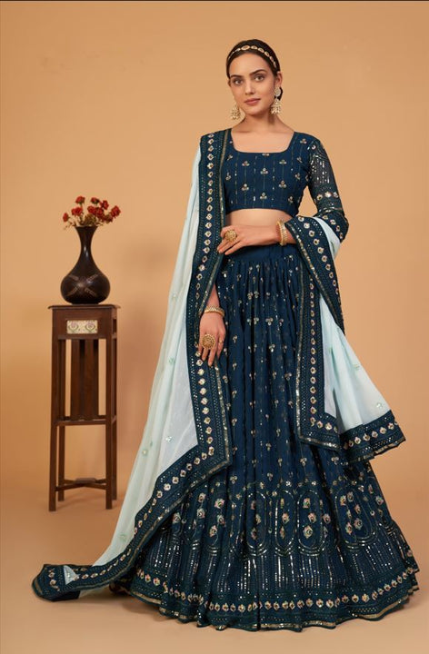 Charismatic Teal A-Line Embroidered Designer Lehenga Choli With Contrasting Dupatta SNT-70001