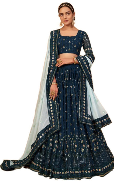 Charismatic Teal A-Line Embroidered Designer Lehenga Choli With Contrasting Dupatta SNT-70001