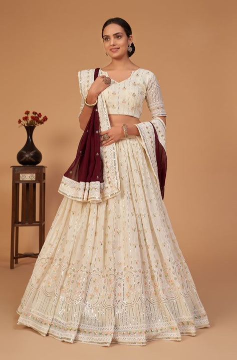 Stunning Beige Beauty A-Line Embroidered Designer Lehenga Choli With Contrasting Dupatta SNT-70002