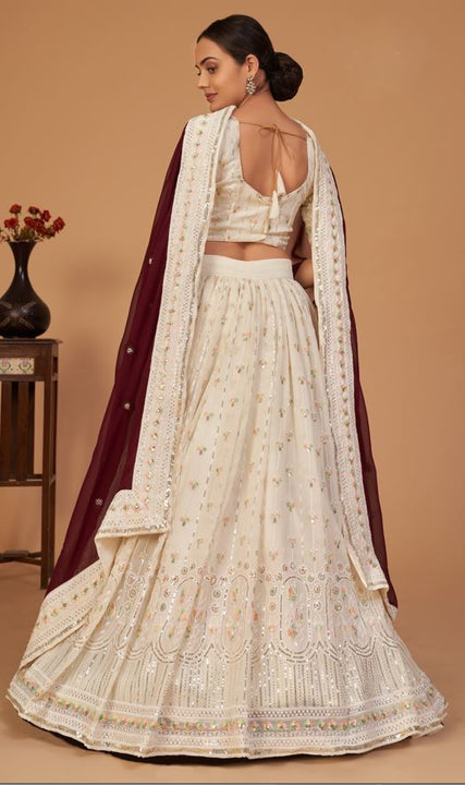 Stunning Beige Beauty A-Line Embroidered Designer Lehenga Choli With Contrasting Dupatta SNT-70002