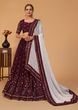 Majestic Maroon A-Line Embroidered Designer Lehenga Choli With Contrasting Dupatta SNT-70003