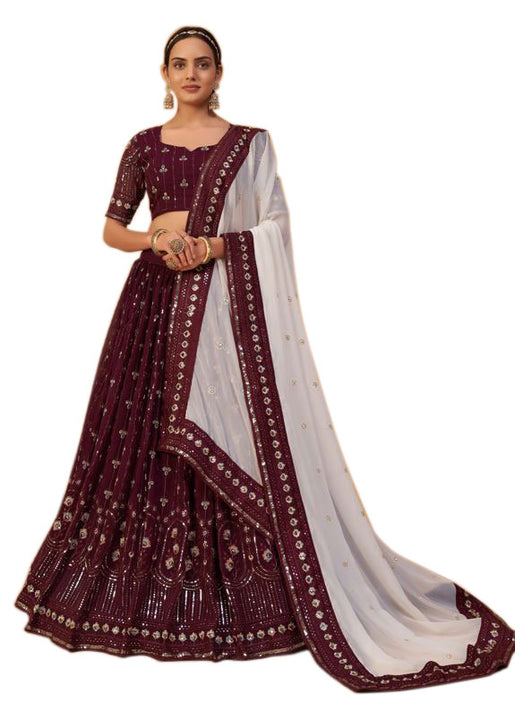 Majestic Maroon A-Line Embroidered Designer Lehenga Choli With Contrasting Dupatta SNT-70003